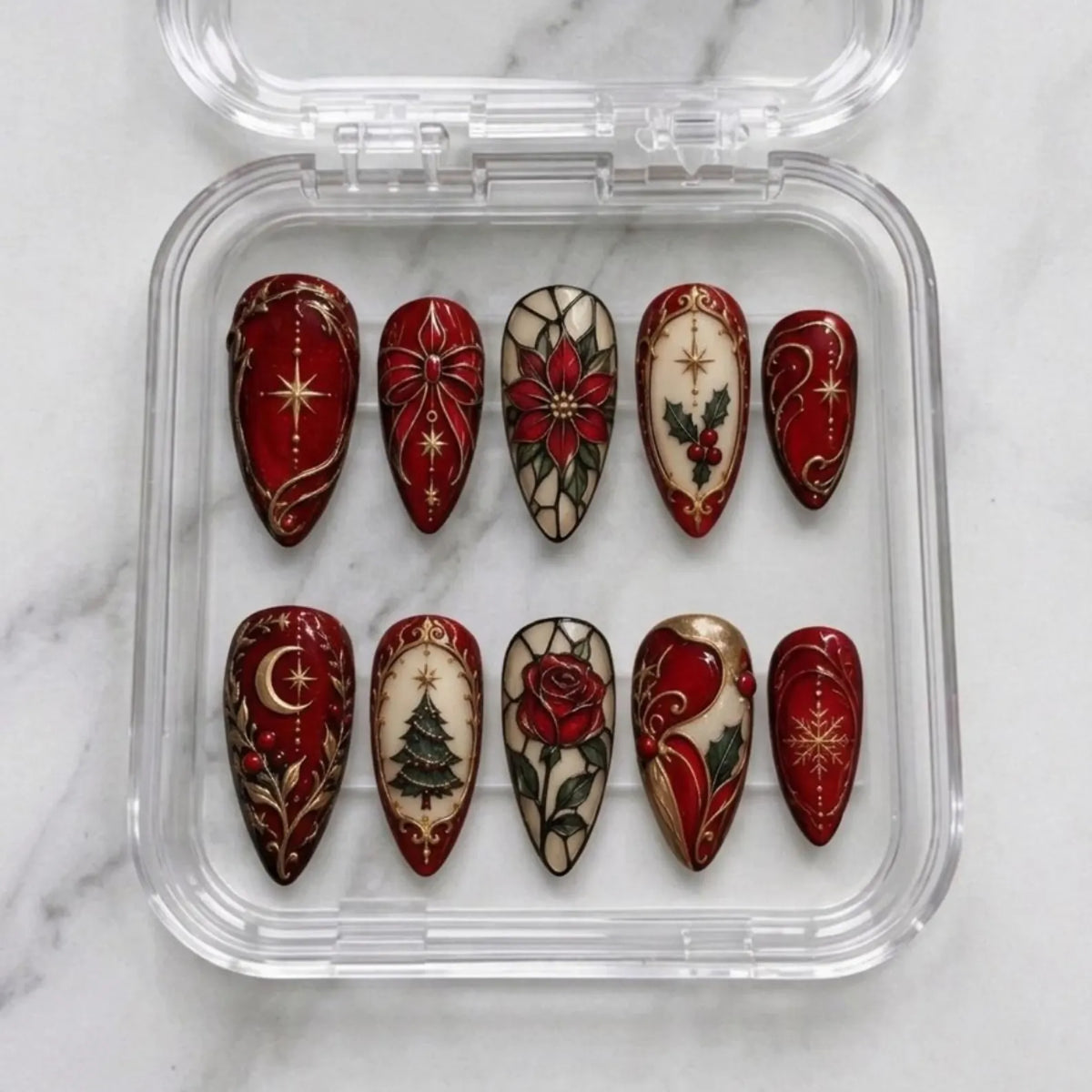 Christmas Press On Nails, Burgundy Gothic Stained Glass Nails, Vintage Victorian Holiday Nail Art, Red Poinsettia & Gold