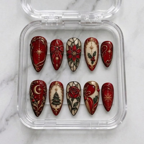 Christmas Press On Nails, Burgundy Gothic Stained Glass Nails, Vintage Victorian Holiday Nail Art, Red Poinsettia & Gold