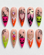 Handmade Halloween Press-On Nails, Pink Pumpkin Spider Web Art (Set)