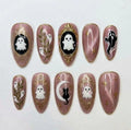 Handmade Vintage Ghost Press On Nails, 3D Ghost & Gold Frame Set, Dusty Pink Cat Eye Art, Nails For Spooky Coquette Vibe