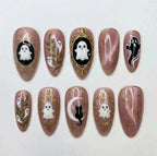 Handmade Vintage Ghost Press On Nails, 3D Ghost & Gold Frame Set, Dusty Pink Cat Eye Art, Nails For Spooky Coquette Vibe