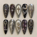 Ornate Medieval Armor Press On Nails, Gothic Fantasy Nails, Black Silver Purple 3D Nail Art, Dark Fantasy Stiletto Nails