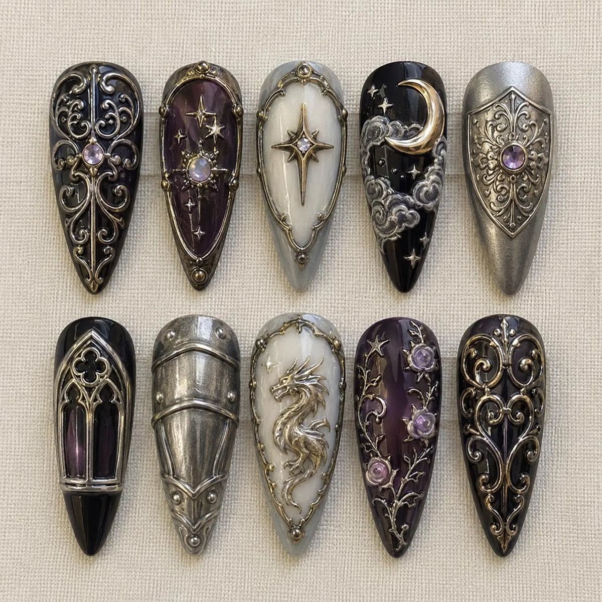 Ornate Medieval Armor Press On Nails, Gothic Fantasy Nails, Black Silver Purple 3D Nail Art, Dark Fantasy Stiletto Nails