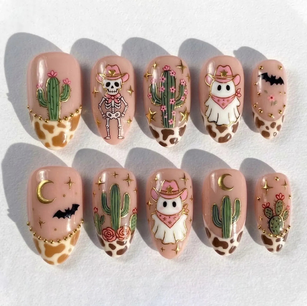 Handmade Western Halloween Press On Nails, Cowgirl Ghost Set, Skeleton & Cow Print Accents, Nails For Spooky Cowgirl Vibes