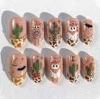 Handmade Western Halloween Press On Nails, Cowgirl Ghost Set, Skeleton & Cow Print Accents, Nails For Spooky Cowgirl Vibes