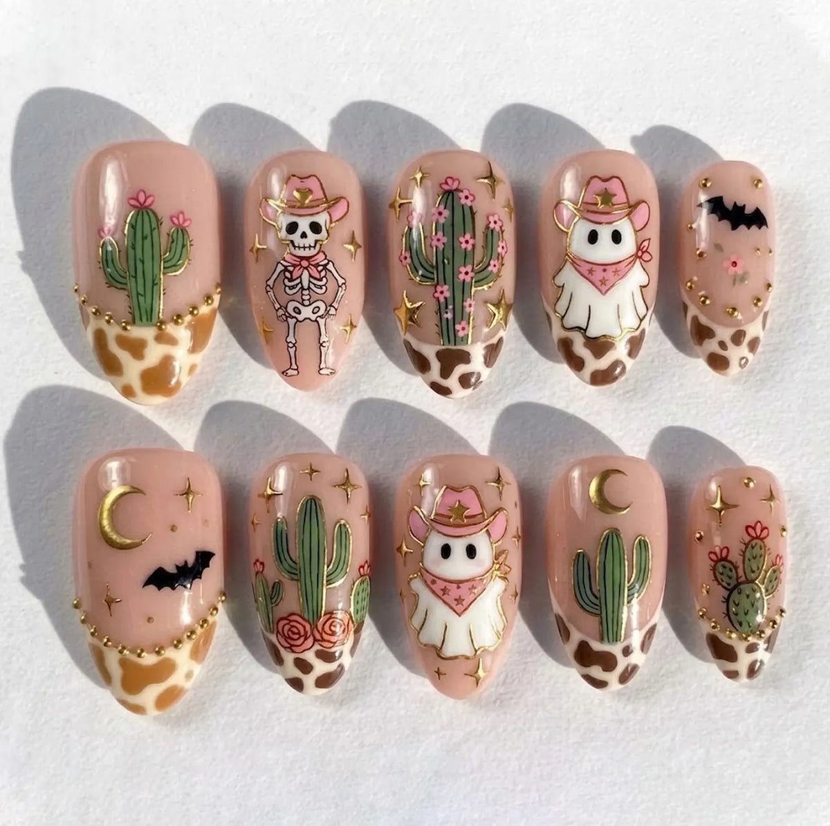 Handmade Western Halloween Press On Nails, Cowgirl Ghost Set, Skeleton & Cow Print Accents, Nails For Spooky Cowgirl Vibes