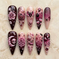Pink Halloween Press On Nails, Gothic Ghost Pumpkin Nail Art, Pink Floral Spider Web Nails, Witchy Spooky Manicure, Handmade Gift