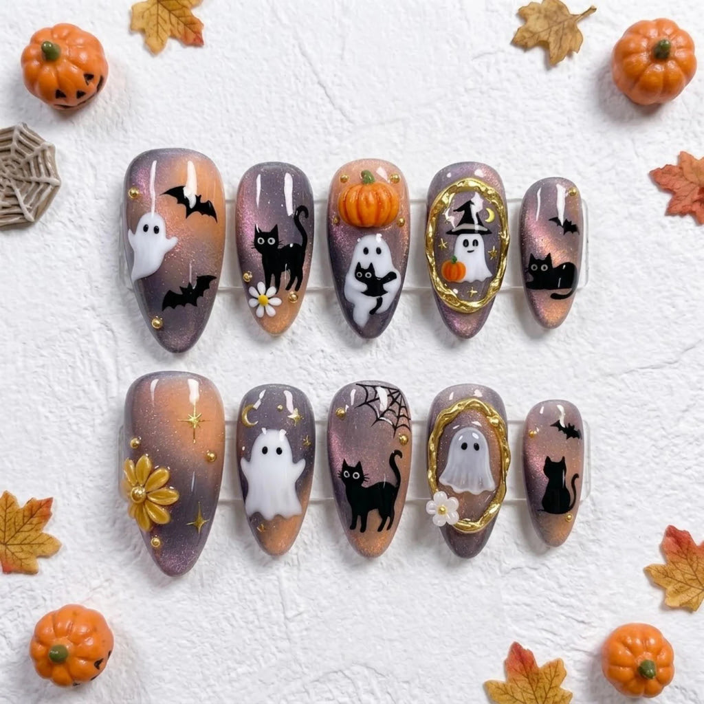 Spooky Cute Halloween Press On Nails | Magic Night Party Idea | Kawaii Magic Almond Nail | Black Cat Daisy Nail | 3D Ghost Pumpkin Art Nail