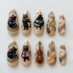 Handmade Musical Cat Nails | 3D Black Cat, Piano, Violin & Sheet Music Art | Cute Classical Press On Nails