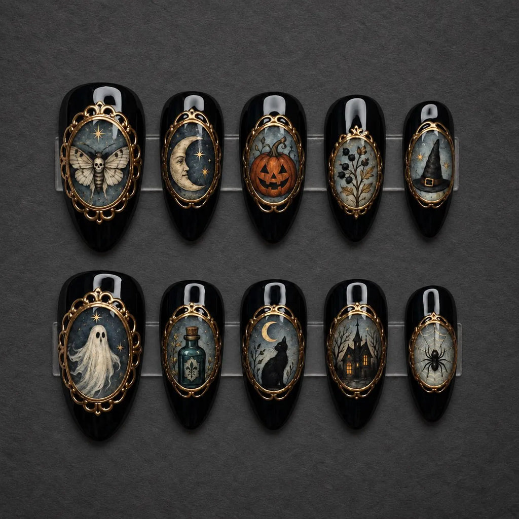 Gothic Halloween Press On Nails / Spooky Vintage Portrait Art / Black Gold Relief Nails / Witchy Celestial False Nails / Dark Academia Mani