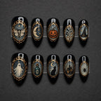 Gothic Halloween Press On Nails / Spooky Vintage Portrait Art / Black Gold Relief Nails / Witchy Celestial False Nails / Dark Academia Mani