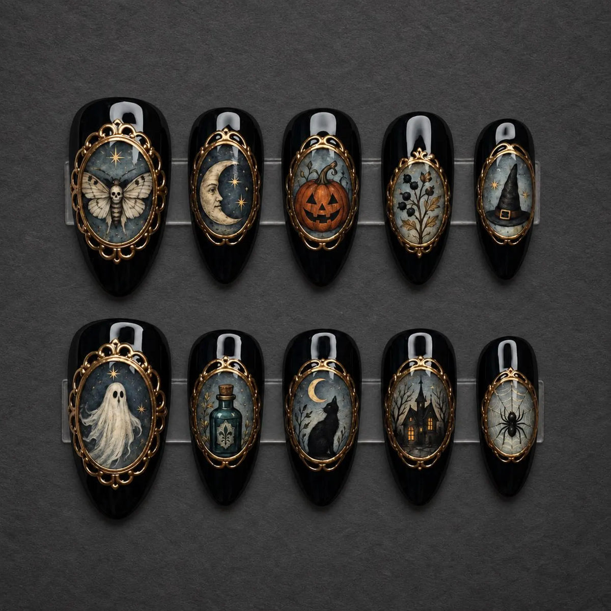 Gothic Halloween Press On Nails / Spooky Vintage Portrait Art / Black Gold Relief Nails / Witchy Celestial False Nails / Dark Academia Mani