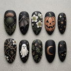 Gothic Halloween Press On Nails, Black Cat Ghost Nails, Pumpkin Nail Set, Celestial Moon Star Nails, Thistle Floral Dark Academia Nails