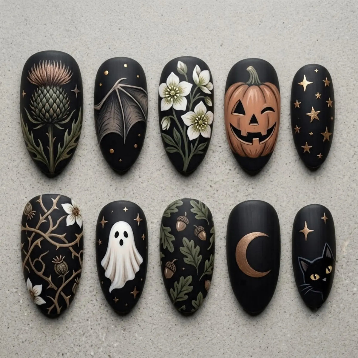 Gothic Halloween Press On Nails, Black Cat Ghost Nails, Pumpkin Nail Set, Celestial Moon Star Nails, Thistle Floral Dark Academia Nails