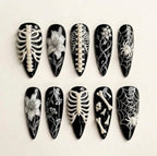 Handmade Skeleton Press On Nails, Spooky Ribcage & Floral Nail Set, Spiderweb Accents, Fake Nails For Dark Gothic Halloween Vibes