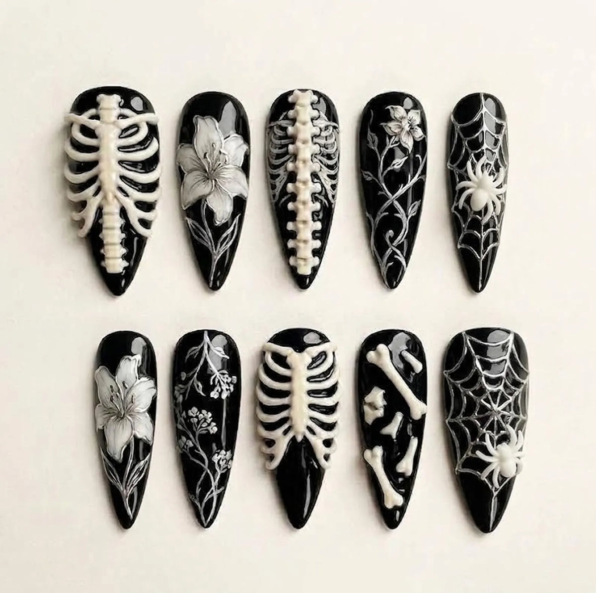 Handmade Skeleton Press On Nails, Spooky Ribcage & Floral Nail Set, Spiderweb Accents, Fake Nails For Dark Gothic Halloween Vibes