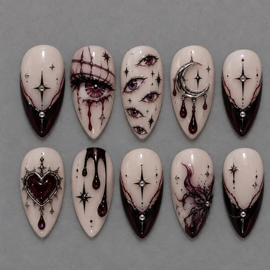 Dark Anime Press On Nails / Gothic Nails / Anime Eye Art / Burgundy Nails / Celestial Moon / Red Gem / Handmade Nail Art