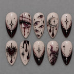 Dark Anime Press On Nails / Gothic Nails / Anime Eye Art / Burgundy Nails / Celestial Moon / Red Gem / Handmade Nail Art