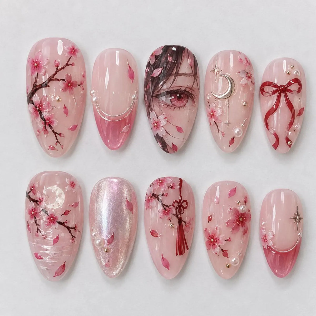 Anime Press On Nails / Cherry Blossom Anime Nails / Pink Japanese Nails / Anime Eye / Sakura Nails / Moon Bow / Handmade Nail Art