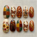 Patchwork Guitar Butterfly Press On Nails, Sunflower Bow Almond Fake Nails, Maple Leaf Cat Gel Nails, Cozy Fall Harvest Y2K Nails