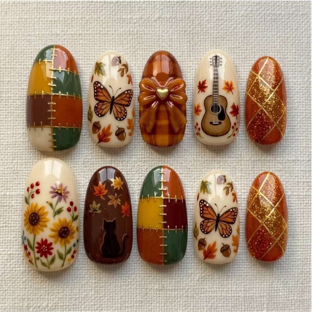 Patchwork Guitar Butterfly Press On Nails, Sunflower Bow Almond Fake Nails, Maple Leaf Cat Gel Nails, Cozy Fall Harvest Y2K Nails