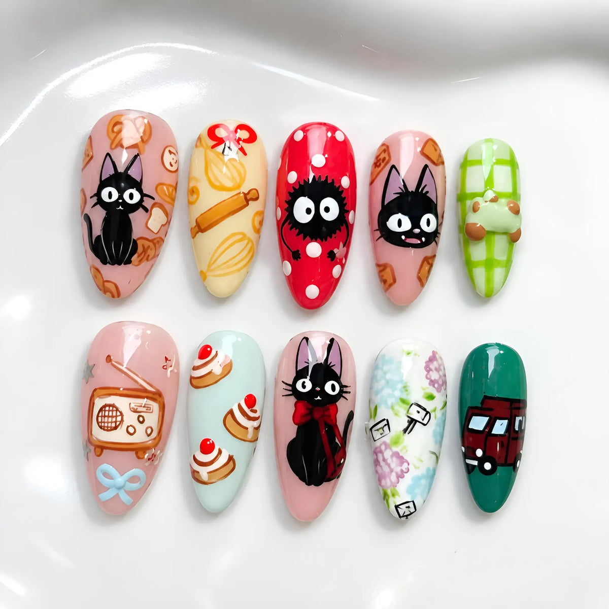 Anime Delivery Cat Press-On Nails | Hand-Painted Bakery, Radio, Storybook (Custom Almond)