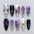 Handmade Anime Kitsune Mask Press On Nails | Purple Wisteria Butterfly Nail Art Set