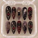 Gothic Black Cat Press On Nails, Dark Academia Fake Nails, 3D Gel Evil Eye Bow Nail Art, Baroque False Nails Set