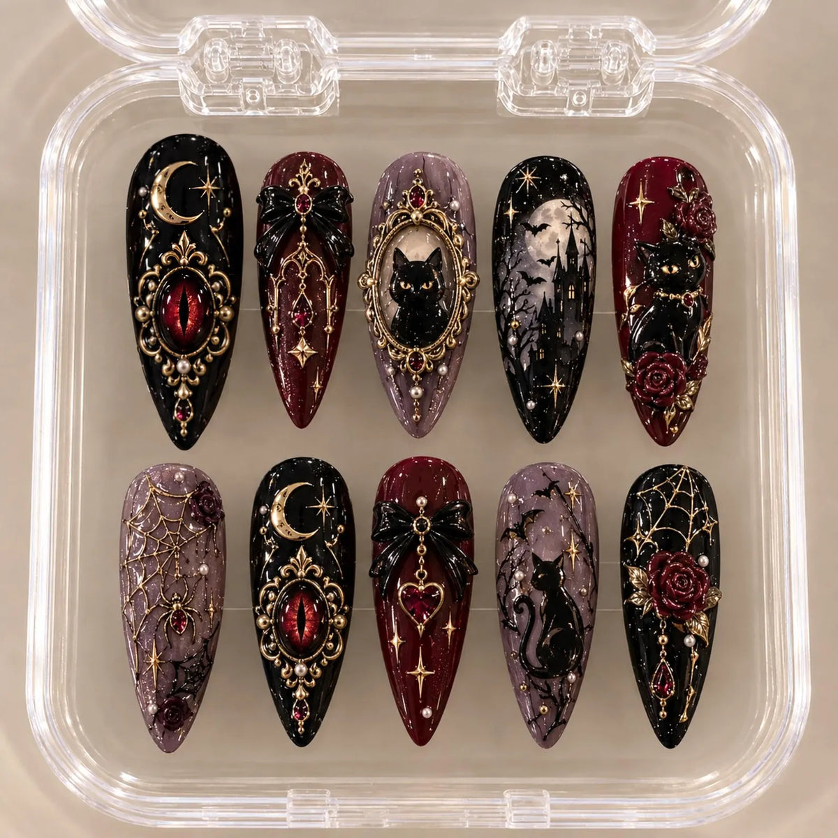 Gothic Black Cat Press On Nails, Dark Academia Fake Nails, 3D Gel Evil Eye Bow Nail Art, Baroque False Nails Set