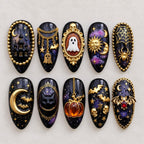 Handmade Halloween Press On Nails | Gothic Celestial Ghost Pumpkin Bat Nail Art | Black Gold Spooky 3D Mismatched Fake Nails