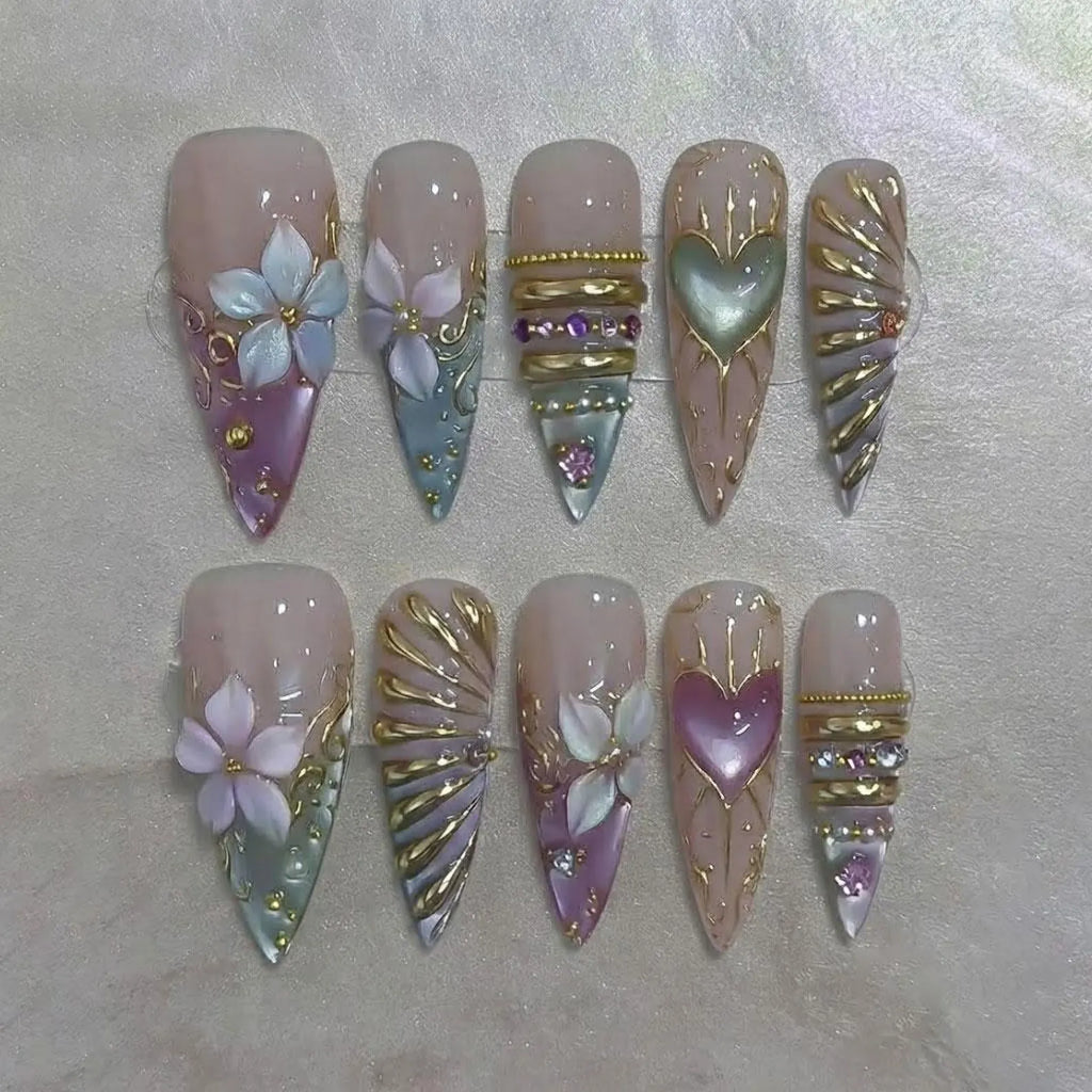 Pink Lavender Press On Nails, Gold Floral Nails, 3D Flower Nails, Elegant Romantic False Nails, Almond Nail Art, Luxury Handmade Set