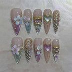Pink Lavender Press On Nails, Gold Floral Nails, 3D Flower Nails, Elegant Romantic False Nails, Almond Nail Art, Luxury Handmade Set