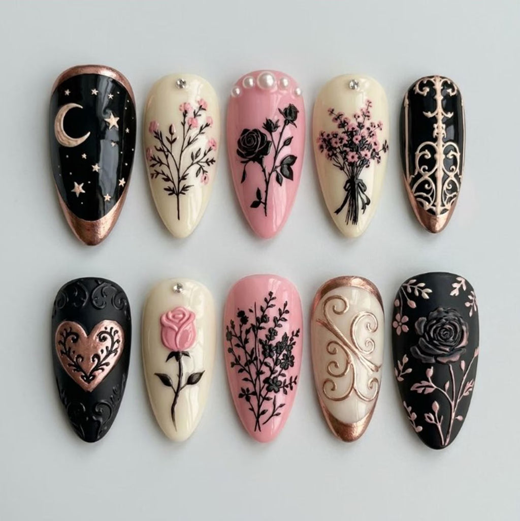 Handmade Goth Rose and Celestial Nails | 3D Rose, Heart, Moon & Floral Art | Pink and Black Press On Nails