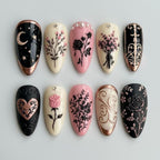Handmade Goth Rose and Celestial Nails | 3D Rose, Heart, Moon & Floral Art | Pink and Black Press On Nails