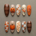 Halloween Pumpkin Ghost Plaid Press On Nails, Autumn Floral Nails, Fall Nail Set, Spooky Cute Fake Nails, Harvest Nail Set