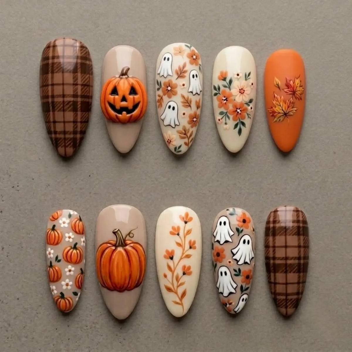 Halloween Pumpkin Ghost Plaid Press On Nails, Autumn Floral Nails, Fall Nail Set, Spooky Cute Fake Nails, Harvest Nail Set