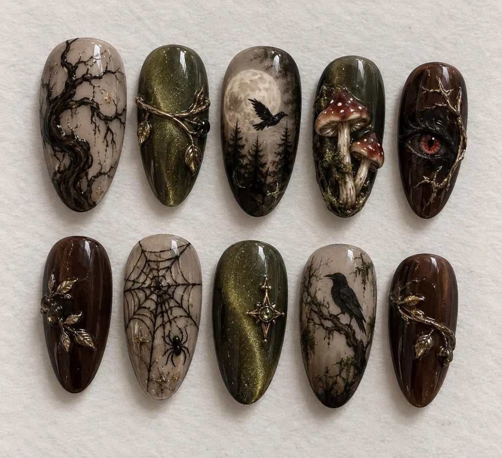 Dark Woodland Press On Nails / Gothic Forest Nails / Mushroom Nails / Crow Nails / Olive Green & Brown / Handmade Halloween Nail Art