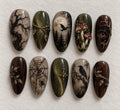 Dark Woodland Press On Nails / Gothic Forest Nails / Mushroom Nails / Crow Nails / Olive Green & Brown / Handmade Halloween Nail Art