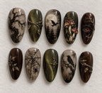 Dark Woodland Press On Nails / Gothic Forest Nails / Mushroom Nails / Crow Nails / Olive Green & Brown / Handmade Halloween Nail Art