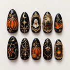 Handmade Halloween Gothic Press On Nails | Vintage Pumpkin Ghost Spider Web Art | Black Gold Spooky Medium Almond Fake Nails