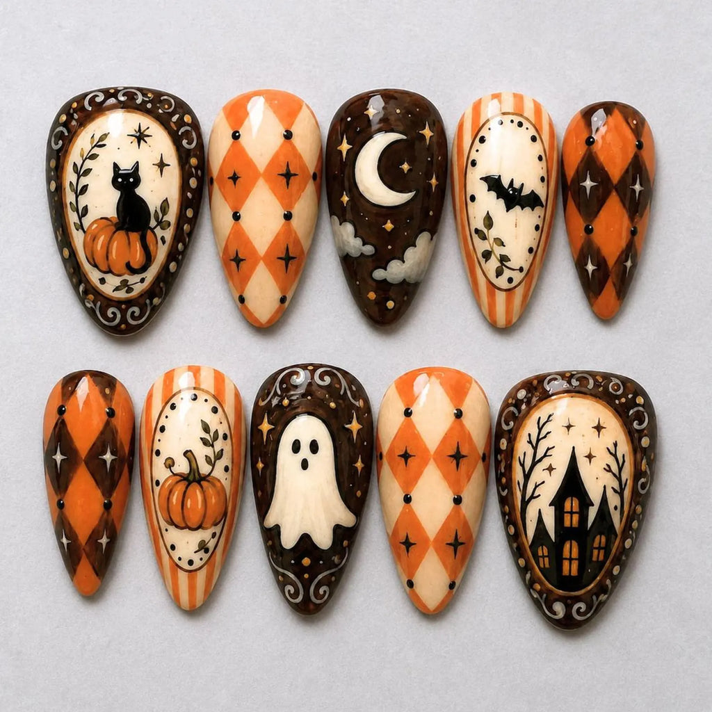 Handmade Vintage Halloween Press On Nails, Retro Pumpkin Ghost and Cat Nail Art, Cozy Orange Brown Argyle Autumn Fake Nail Set