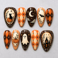 Handmade Vintage Halloween Press On Nails, Retro Pumpkin Ghost and Cat Nail Art, Cozy Orange Brown Argyle Autumn Fake Nail Set