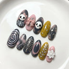 Coquette Skeleton Press-On Nails | Pastel Skull Bow Floral Nail Art | Gray Pink Soft Gothic Fake Nails