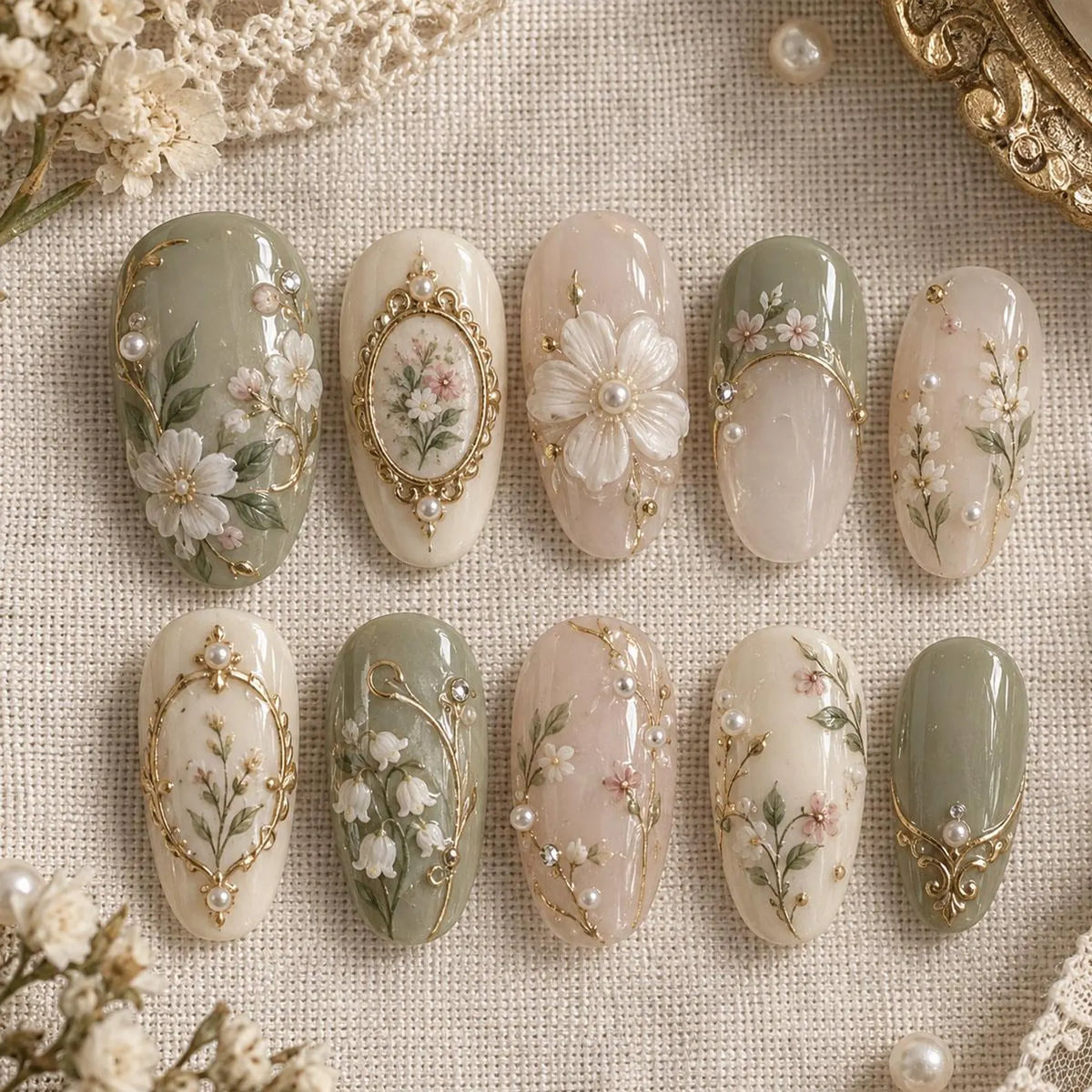 Floral Press On Nails / Sage Green Nails / Cottagecore Nails / Vintage Garden / White Flower Nails / Pearl Gold / Handmade Nail Art