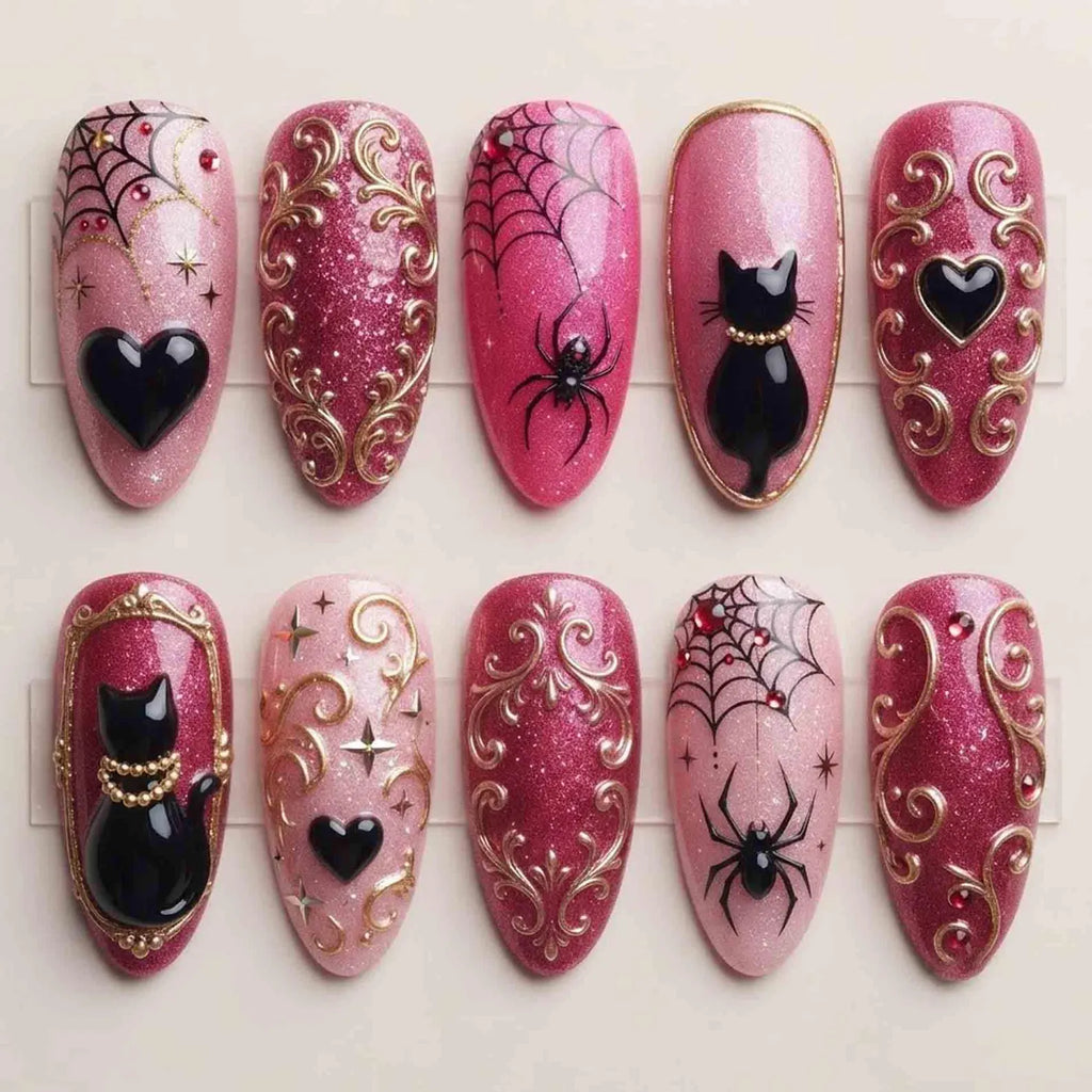 Pink Baroque Black Cat Press On Nails, Spiderweb Spider Heart Nails, Gold Filigree Gothic Handmade Halloween Nail Set