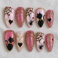 Pink Halloween Press On Nails with 3D Black Cat Spider Web Art, Spooky Cute Glitter Fake Nails