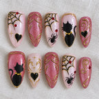 Pink Halloween Press On Nails with 3D Black Cat Spider Web Art, Spooky Cute Glitter Fake Nails