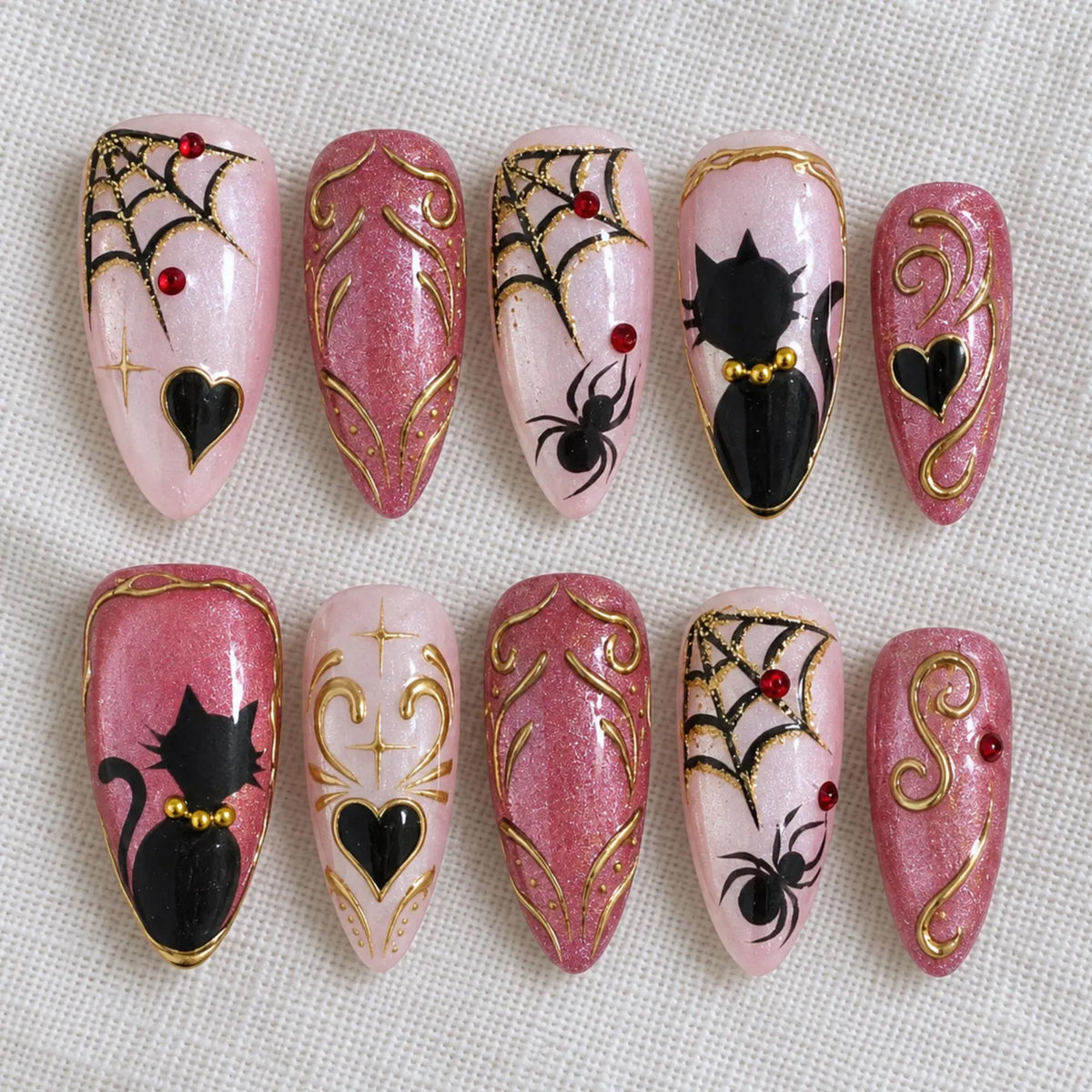 Pink Halloween Press On Nails with 3D Black Cat Spider Web Art, Spooky Cute Glitter Fake Nails