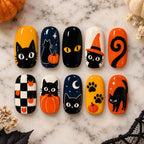 Handmade Black Cat Halloween Press On Nails, Orange Kawaii Spooky Pumpkin Witch And Checkerboard Nail Art, Season Reusable Fake Nails