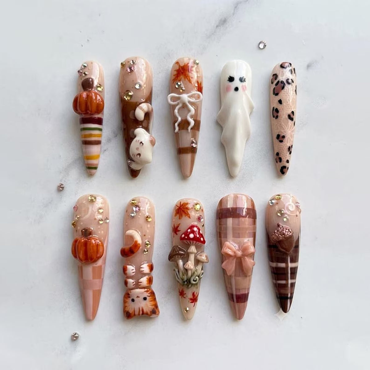 Cute Halloween Press On Nails, Fall Pumpkin Ghost Nails, Mushroom Nail Art, Cozy Autumn Nails, Cute Spooky Fake Nails, Handmade Set